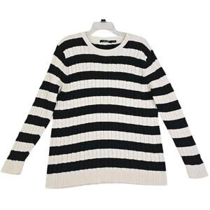 LAUREN BY RALPH LAUREN~Woman Sz L~Black/White Stripped Knit Sweater Cotton Blend